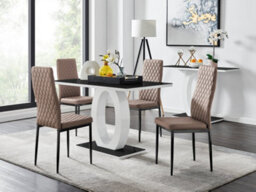 Furniturebox Giovani Rectangular 4 Seat White High Gloss Unique Halo Dining Table Black Glass Top 4 Beige Faux Leather Black Leg Milan Chairs
