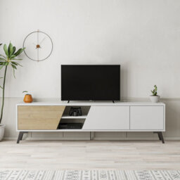 "Decortie Fiona Modern Tv Unit Multimedia Cabinet With Storage Doors 75"" White, Oak 180Cm" - thumbnail 1