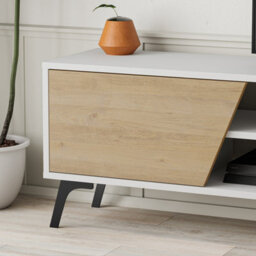 "Decortie Fiona Modern Tv Unit Multimedia Cabinet With Storage Doors 75"" White, Oak 180Cm" - thumbnail 4