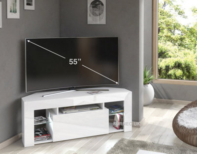 Furneo White Corner Tv Stand 125Cm Unit Cabinet Matt & High Gloss Milano 05 White Led Lights - image 1