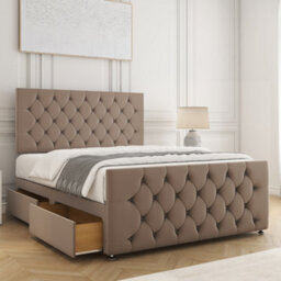 Bsspoke Maya Divan Bed Set Mink Plush Velvet 24Inch Headboard & 20Inch Footboard 2 Drawers Same Side & Mattress In All Sizes - thumbnail 1