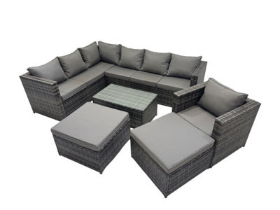 Fimous Outdoor Rattan Rectangular Coffee Table Corner Sofa Sets Garden Furniture Set With 2 Big Stools Dark Grey Mixed - image 1