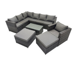 Fimous Outdoor Rattan Rectangular Coffee Table Corner Sofa Sets Garden Furniture Set With 2 Big Stools Dark Grey Mixed - thumbnail 1