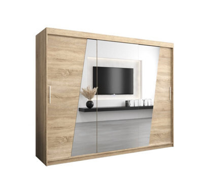 Arte Rhomb Contemporary Mirrored 3 Sliding Door Wardrobe 9 Shelves 2 Rails Oak Sonoma Effect (H)2000mm (W)2500mm (D)620mm - image 1
