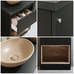 Homestylestore Black Grey 600mm Led Lit Bathroom Vanity Unit Oval Sand Countertop Basin Open Shelf - thumbnail 2
