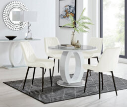 Furniturebox Giovani Round 4 Seat 100Cm White High Gloss Halo Base Grey Glass Top Dining Table 4 Cream Velvet Black Leg Pesaro Chairs