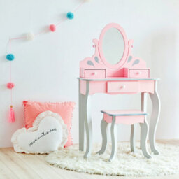 Teamson Kids Play Vanity Table Set, Children's Dressing Table With Mirror & Stool, Little Princess Rapunzel - Pink/grey - thumbnail 1
