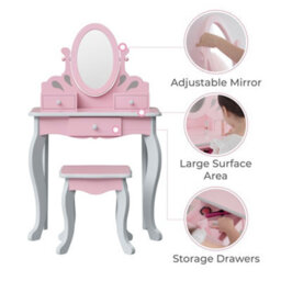 Teamson Kids Play Vanity Table Set, Children's Dressing Table With Mirror & Stool, Little Princess Rapunzel - Pink/grey - thumbnail 5