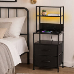 Levede Bedside Table With Charging Station Led Light 2 Drawers Black - thumbnail 1