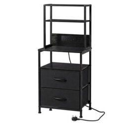 Levede Bedside Table With Charging Station Led Light 2 Drawers Black - thumbnail 2