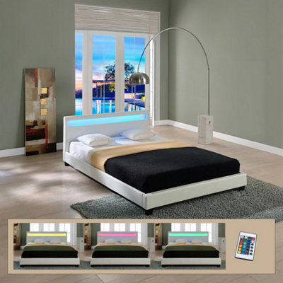 Harmin White Double 4Ft6 Led Faux Leather Led Upholstered Bed Frame - image 1