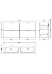 Hudson Reed Fusion Wall Hung 4 Drawer Vanity Unit & Twin Ceramic Basin, Sink Vanity Unit, Charcoal  Black, 1200mm - thumbnail 5
