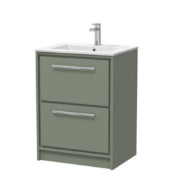 Balterley Longnor  Modern Bathroom Floor Standing 2 Soft Close Drawer Vanity Unit & Basin, Fern Green, 600mm - thumbnail 1