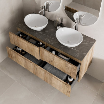 Aveli 1200mm Oak Grey Marble Vanity Unit Double Oval White Basin Fluted Soft Close - image 1
