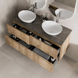 Aveli 1200mm Oak Grey Marble Vanity Unit Double Oval White Basin Fluted Soft Close - thumbnail 1