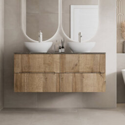 Aveli 1200mm Oak Grey Marble Vanity Unit Double Oval White Basin Fluted Soft Close - thumbnail 2