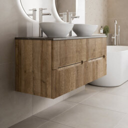 Aveli 1200mm Oak Grey Marble Vanity Unit Double Oval White Basin Fluted Soft Close - thumbnail 3