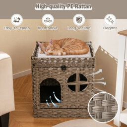 Costway Foldable 2-Tier Rattan Cat Litter Box Enclosure W/ Litter Mat Wicker Hidden Kitten Condo - thumbnail 8
