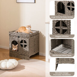 Costway Foldable 2-Tier Rattan Cat Litter Box Enclosure W/ Litter Mat Wicker Hidden Kitten Condo - thumbnail 9