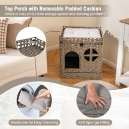 Costway Foldable 2-Tier Rattan Cat Litter Box Enclosure W/ Litter Mat Wicker Hidden Kitten Condo - thumbnail 7