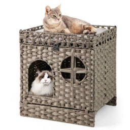Costway Foldable 2-Tier Rattan Cat Litter Box Enclosure W/ Litter Mat Wicker Hidden Kitten Condo