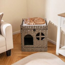 Costway Foldable 2-Tier Rattan Cat Litter Box Enclosure W/ Litter Mat Wicker Hidden Kitten Condo - thumbnail 4