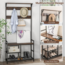 3-In-1 Coat Rack Hall Tree With Shoe Bench & Shoe Storage-Coffee - thumbnail 5