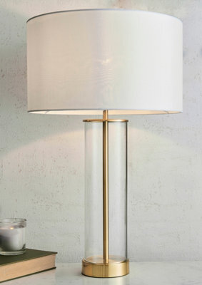 Anson Lighting Seeley Table Light Finished In Satin Brass Plate, Clear Glass And Vintage White Fabric - image 1