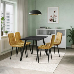 Urbn-Living Urbn Living 110Cm Dining Table & 4 Pcs Velvet Chairs Set Modern Metal Kitchen Furniture Black Wood Table And Curly Yellow Chair - thumbnail 2