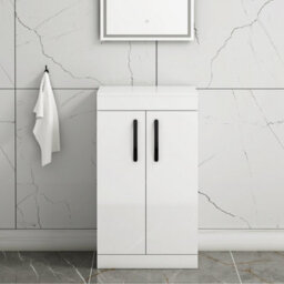 Royal Bathrooms Turin 500mm Gloss White Floor Standing Worktop Vanity Unit - 2 Doors With Matt Black Handle - thumbnail 1