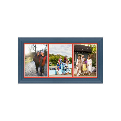 AK Frames 16X8 Navy Blue Classic Multi Photo Frame With Poppy Red Mount - Holds 3 Apertures (3X) 7X5 Photos - image 1