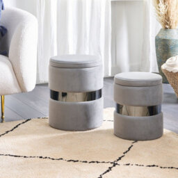 Wyld And Coco Set Of 2 Grey Velvet Storage Pouffes With Stainless Steel Band, Versatile Seating And Hidden Storage - thumbnail 2