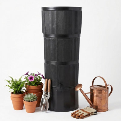 Star Supplies 150L Large Oak Wood Premium Water Butt Complete With Stand, Tap, Rain Diverter & Lid (Black) - image 1