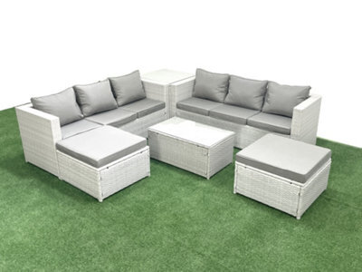 Fimous Garden Outdoor Pe Rattan Furniture Set 8 Seater Rattan Garden Sofa Set 2 Big Stools Side Table Light Grey - image 1