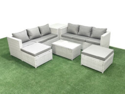 Fimous Garden Outdoor Pe Rattan Furniture Set 8 Seater Rattan Garden Sofa Set 2 Big Stools Side Table Light Grey - thumbnail 2