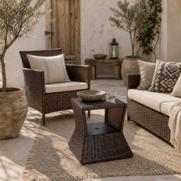 Wyld Haus Lekavi Brown Rattan Outdoor Coffee Table With Parasol Hole And Open Shelf - 54 X 55 Cm - thumbnail 1