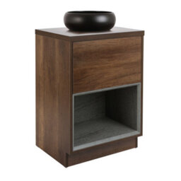 Homestylestore Dark Oak 600mm Led Lit Bathroom Vanity Unit Round Countertop Graphite Basin Open Shelf