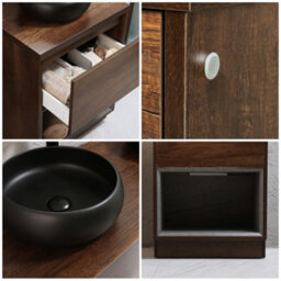 Homestylestore Dark Oak 600mm Led Lit Bathroom Vanity Unit Round Countertop Graphite Basin Open Shelf - thumbnail 2
