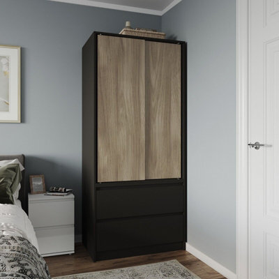 Urbn-Living Urbnliving 2 Sliding Doors Wardrobe 2 Drawer Bedroom Clothes Hanging Rail Black Carcass With Oak Doors Storage Cupboard - image 1