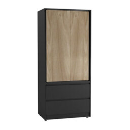 Urbn-Living Urbnliving 2 Sliding Doors Wardrobe 2 Drawer Bedroom Clothes Hanging Rail Black Carcass With Oak Doors Storage Cupboard - thumbnail 5