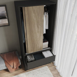Urbn-Living Urbnliving 2 Sliding Doors Wardrobe 2 Drawer Bedroom Clothes Hanging Rail Black Carcass With Oak Doors Storage Cupboard - thumbnail 4