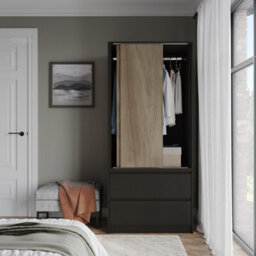 Urbn-Living Urbnliving 2 Sliding Doors Wardrobe 2 Drawer Bedroom Clothes Hanging Rail Black Carcass With Oak Doors Storage Cupboard - thumbnail 3