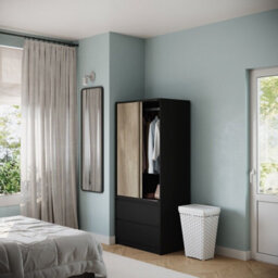 Urbn-Living Urbnliving 2 Sliding Doors Wardrobe 2 Drawer Bedroom Clothes Hanging Rail Black Carcass With Oak Doors Storage Cupboard - thumbnail 2