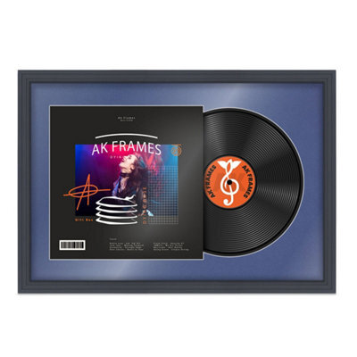 "AK Frames 25X17"" Dark Grey Step Vinyl Record Frame With Blue Mount For 12 Inch Lp Cover & Disc - Overlapped Design" - image 1