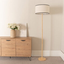 Valuelights Heather Light Wood Stem Floor Lamp With Natural Black Trim Drum Shade And Led Bulb - thumbnail 3