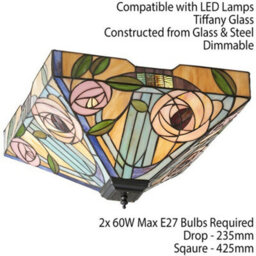 Tiffany Glass Semi Flush Ceiling Light Pink Rose Inverted Square Shade I00062 - thumbnail 2