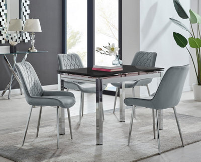 Furniturebox Uk Enna Black Glass Extending Dining Table And 4 Grey Pesaro Silver Leg Chairs - image 1