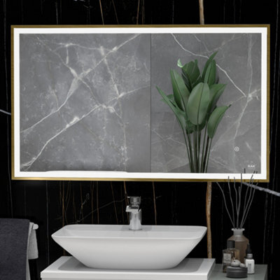 RAK Ceramics Rak Picture Square 600X1000mm Brushed Gold Illuminated Bathroom Mirror With Touch Sensor & Demister
