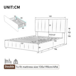 Btm Grey Velvet Double Bed 4Ft6 With Adjustable Channel Headboard And 4 Drawers Metal Wood Support Easy Assembly - thumbnail 7