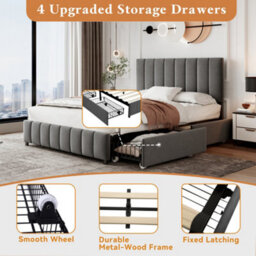 Btm Grey Velvet Double Bed 4Ft6 With Adjustable Channel Headboard And 4 Drawers Metal Wood Support Easy Assembly - thumbnail 5